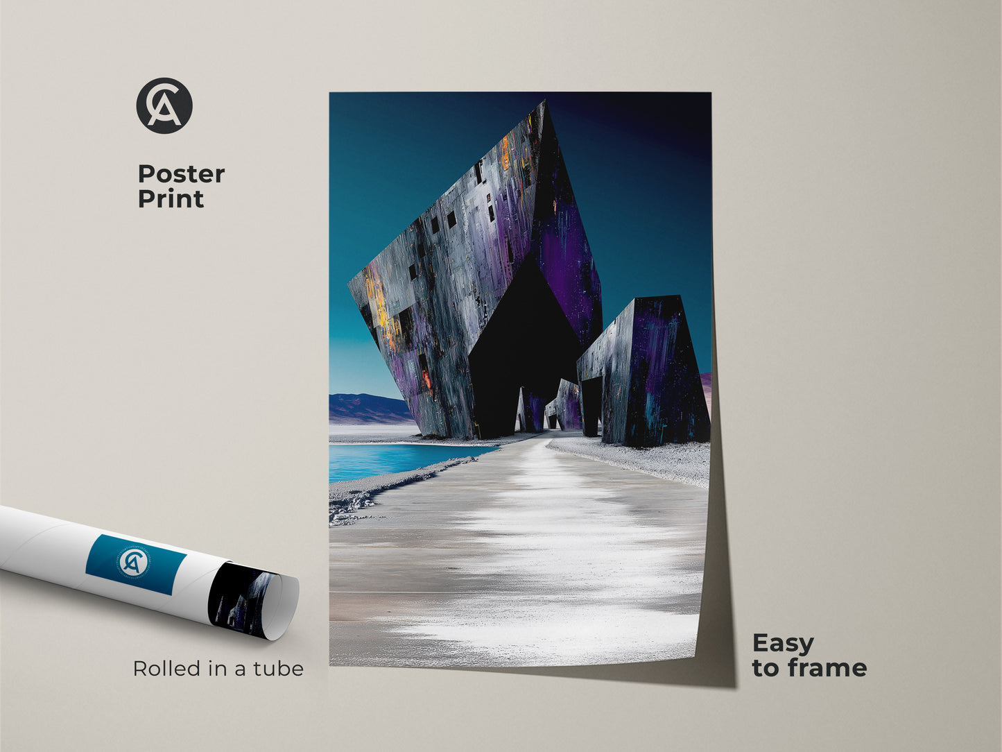 Poster print of an abstract geometric art showcasing a deep purple desert landscape. The museum-quality paper art is easy to frame and ships rolled in a tube. It's a contemporary surrealism office decor piece.