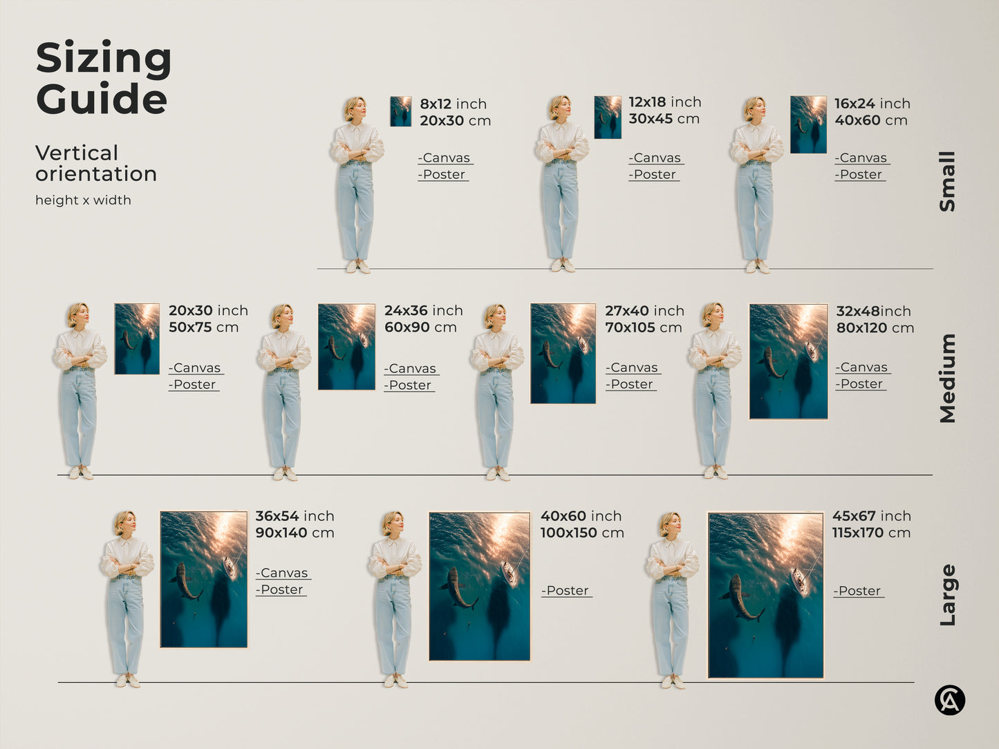 Sizing guide for shark and sailboat canvas and poster artwork. Visualize vertical orientations with small medium and large sizes. Find the perfect fit for your space with this deep sea wildlife and adventure themed art.