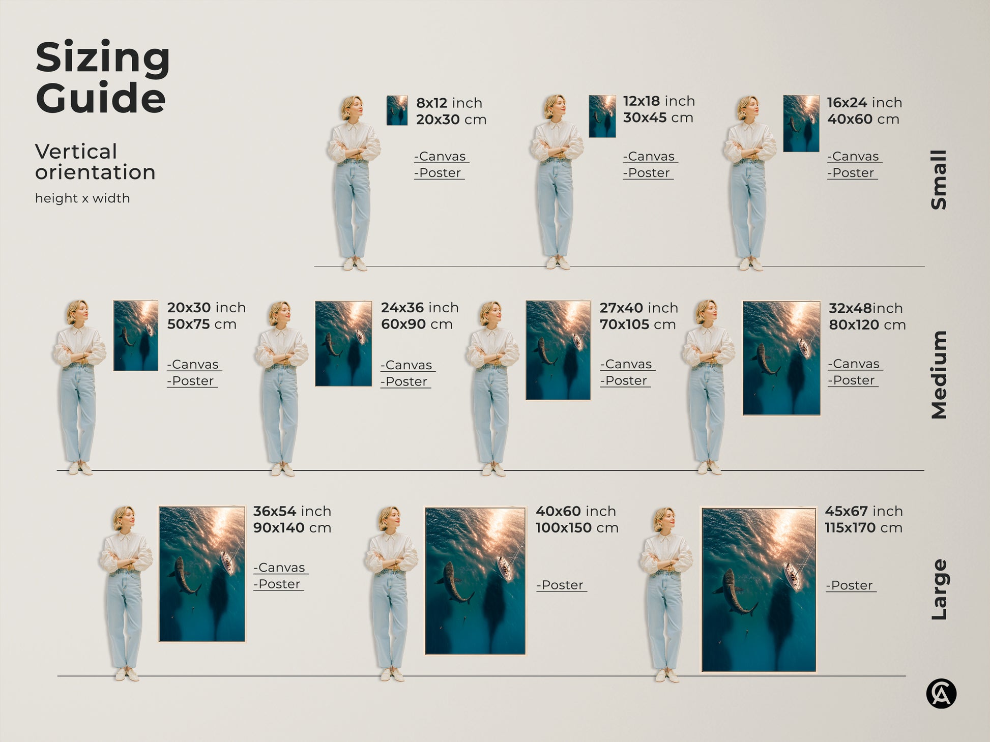 Sizing guide for shark and sailboat canvas and poster artwork. Visualize vertical orientations with small medium and large sizes. Find the perfect fit for your space with this deep sea wildlife and adventure themed art.