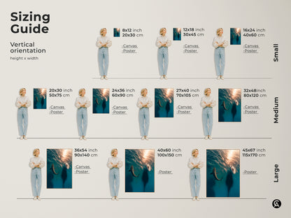 Sizing guide for shark and sailboat canvas and poster artwork. Visualize vertical orientations with small medium and large sizes. Find the perfect fit for your space with this deep sea wildlife and adventure themed art.