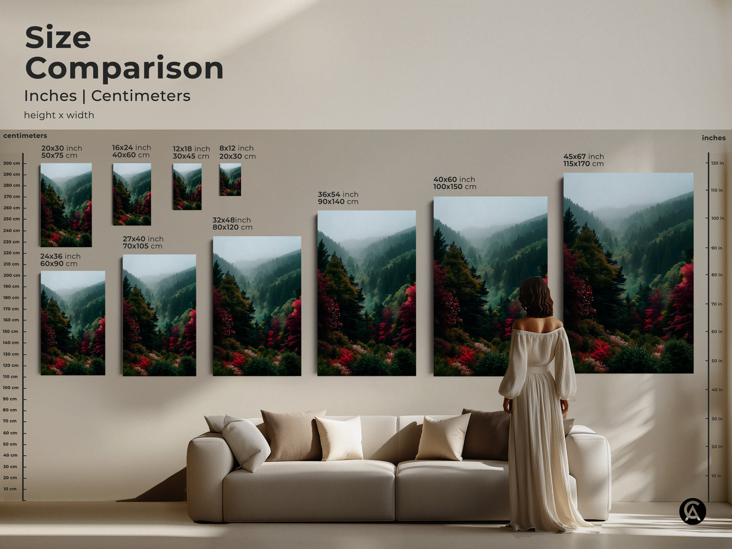 Size comparison of landscape artwork prints. See how canvas art transforms your space. Visualize various sizes for your home. Find the perfect statement piece to elevate your interior design today.