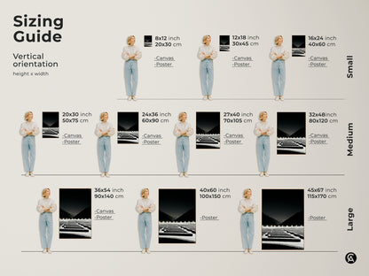 Sizing guide for minimalist maze canvas and poster art. Vertical orientation art height and width vary based on sizes. Find the perfect modern landscape wall art for any space strategy gift