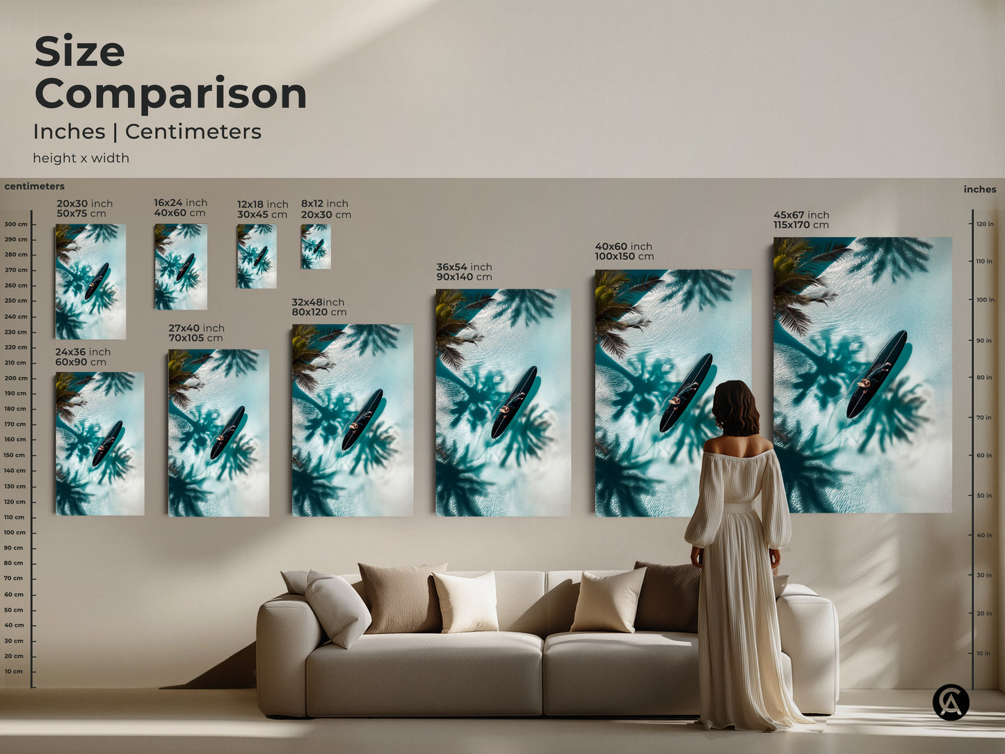 See how this coastal artwork transforms any living space. This size comparison showcases various dimensions on a living room wall. The artwork features a person on a surfboard in clear water. Palm shadows create a tropical ambiance. Find the perfect size to elevate your home decor today.