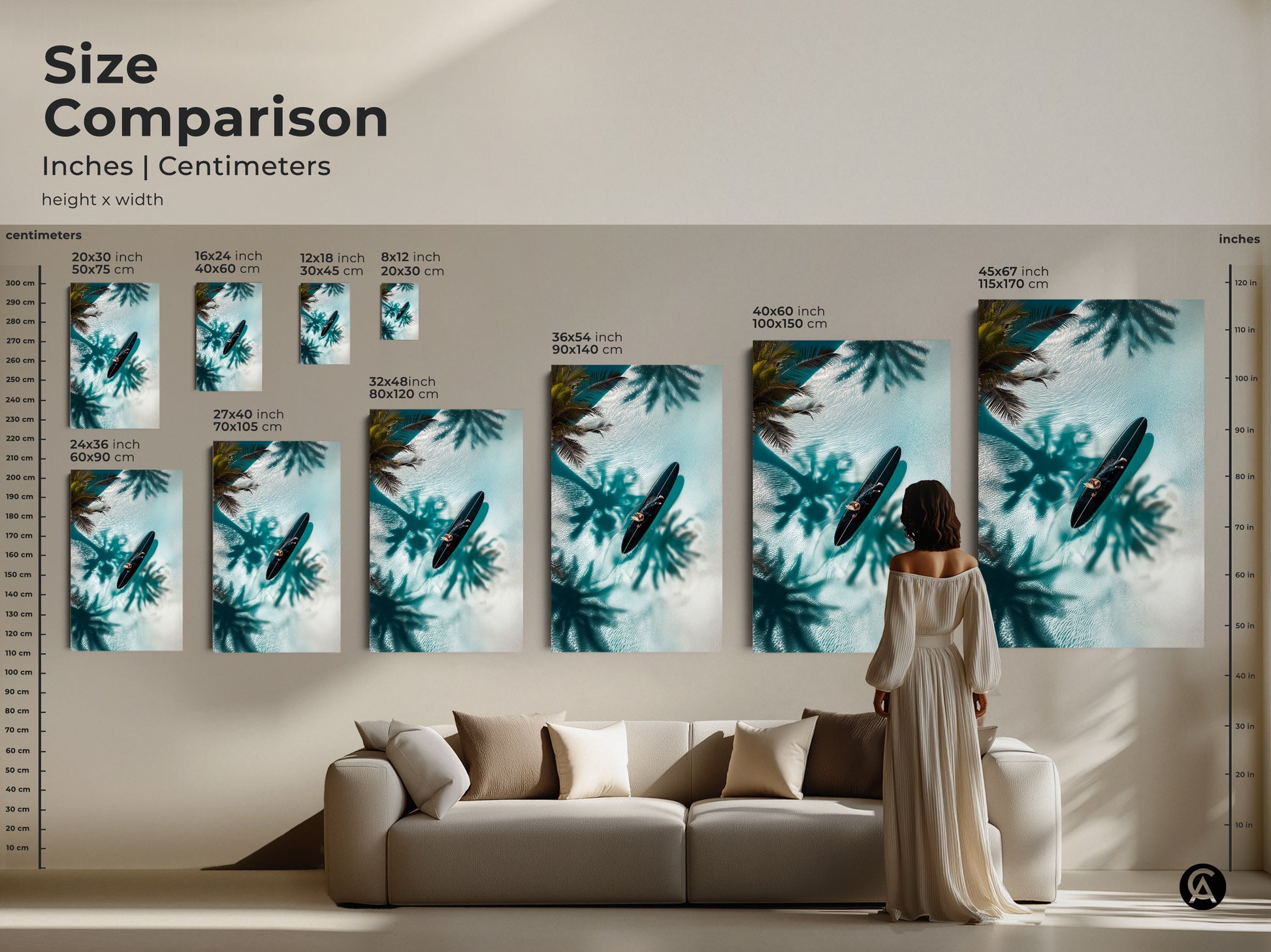 See how this coastal artwork transforms any living space. This size comparison showcases various dimensions on a living room wall. The artwork features a person on a surfboard in clear water. Palm shadows create a tropical ambiance. Find the perfect size to elevate your home decor today.
