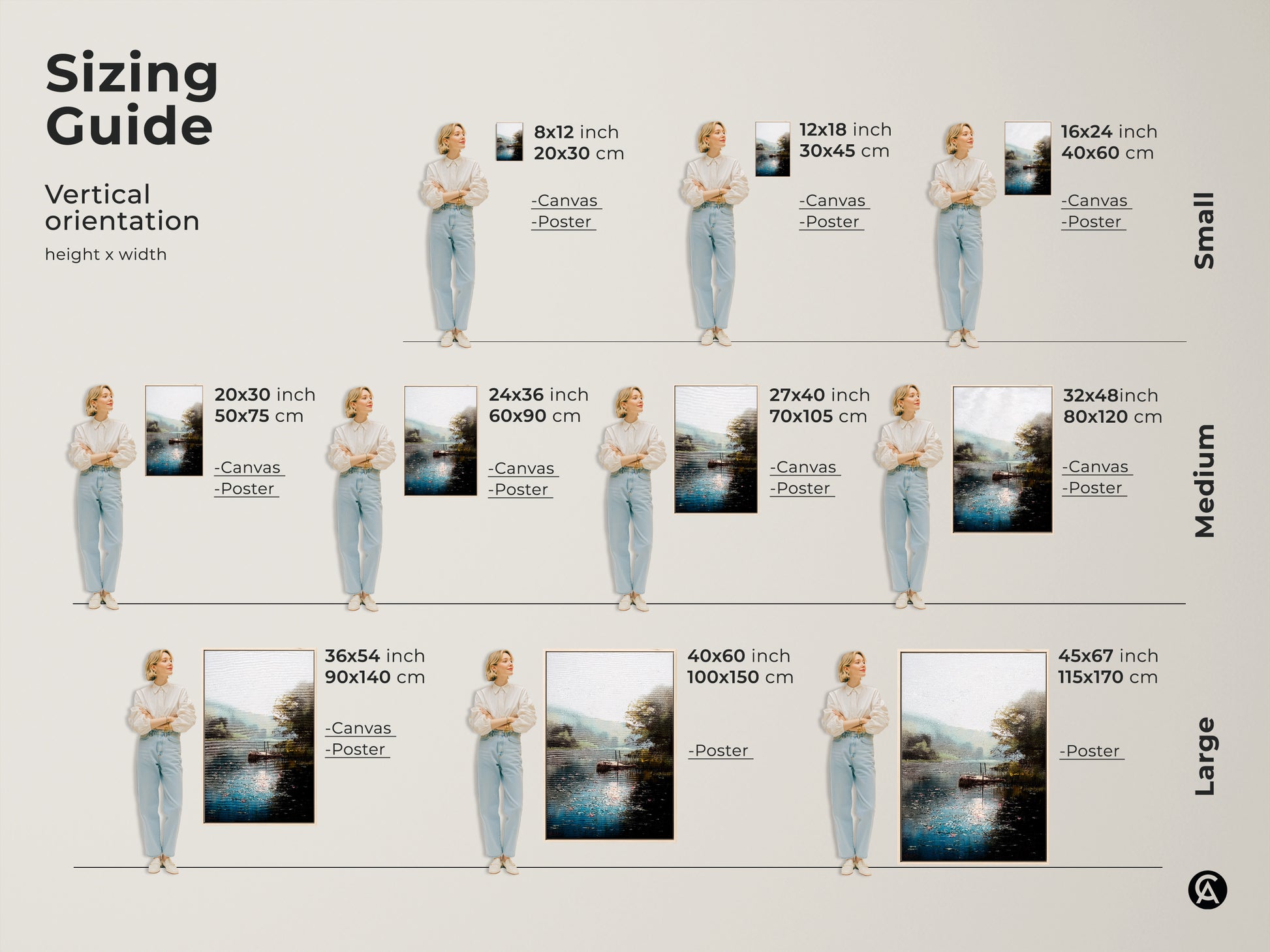 Sizing guide showing the vertical orientation and dimensions for this rustic lake dock landscape print. Available as canvas or poster in sizes from small to large. Find the perfect fit for your space to enjoy this impressionist nature art with its calming teal green water view.