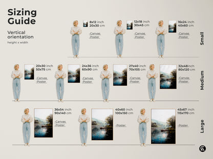 Sizing guide showing the vertical orientation and dimensions for this rustic lake dock landscape print. Available as canvas or poster in sizes from small to large. Find the perfect fit for your space to enjoy this impressionist nature art with its calming teal green water view.