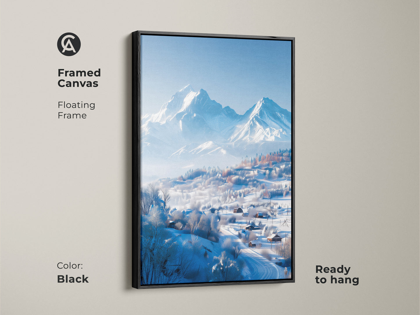 This framed canvas showcases a winter mountain landscape. The artwork comes with a black floating frame. It is ready to hang. The framed art print enhances any room's decor. Perfect for winter and mountain art lovers.
