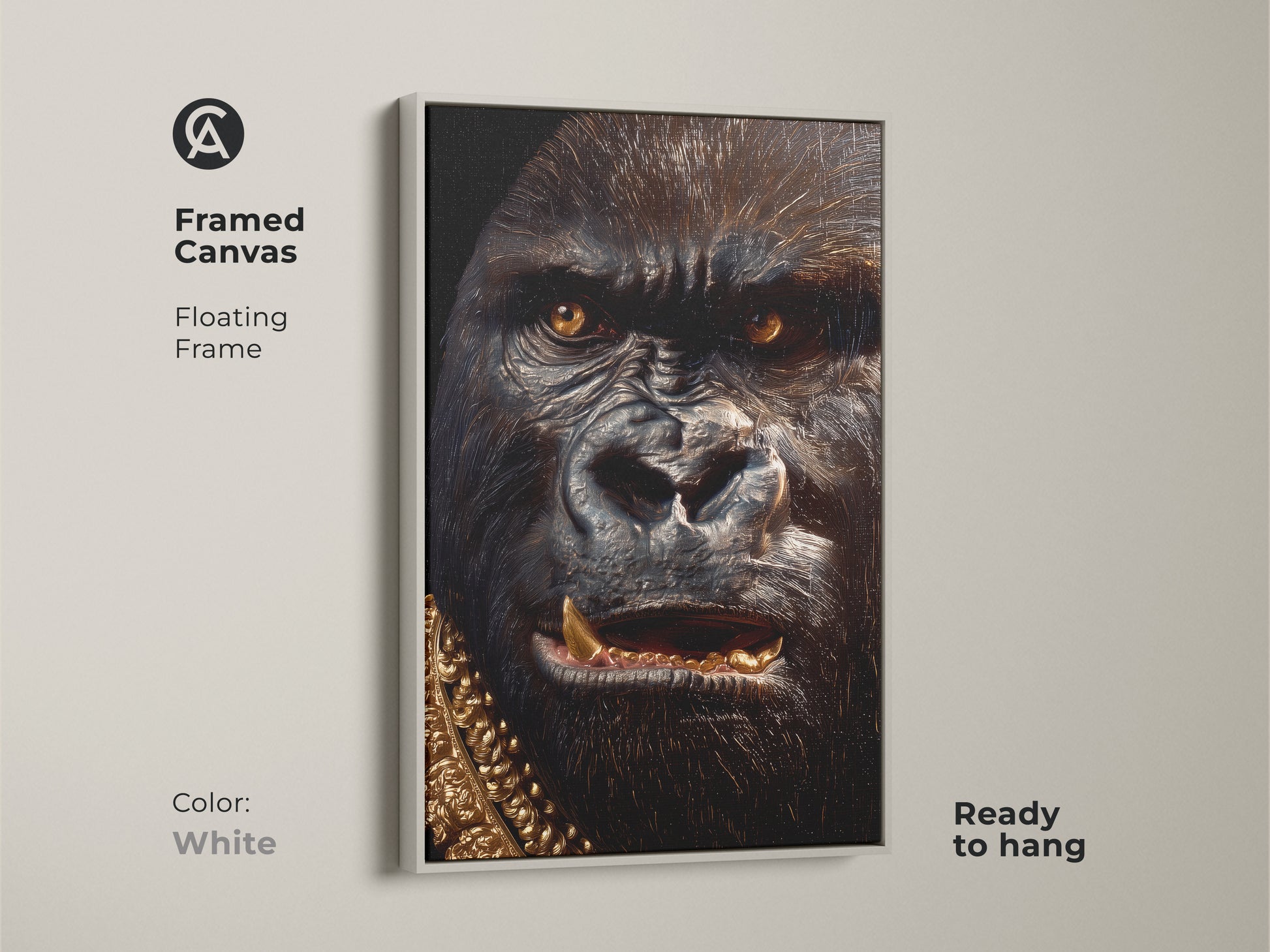 Framed canvas of a gorilla with a gold chain. The frame is white and floating. This artwork is ready to hang. Buy framed animal art in white frames for your home now.