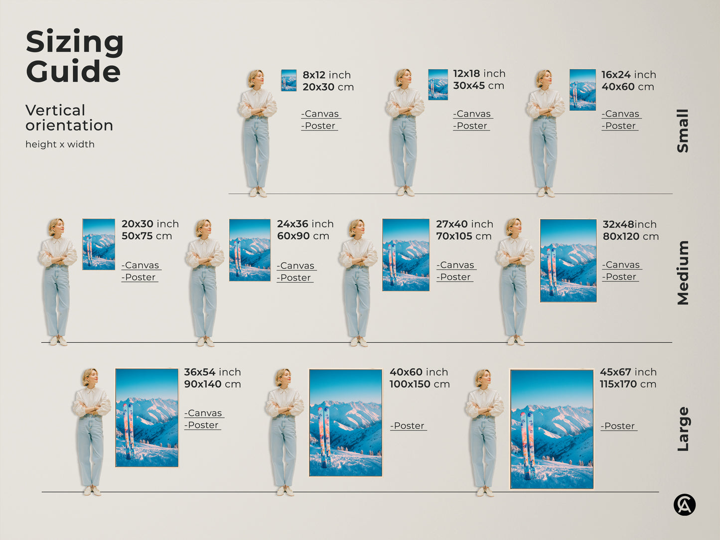 Sizing guide for vertical mountain and ski art prints. Visualize different sizes from small to large. See how each piece fits in a living space. Find the ideal dimensions for your canvas or poster print to create the perfect focal point in your home.