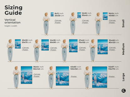 Sizing guide for vertical mountain and ski art prints. Visualize different sizes from small to large. See how each piece fits in a living space. Find the ideal dimensions for your canvas or poster print to create the perfect focal point in your home.