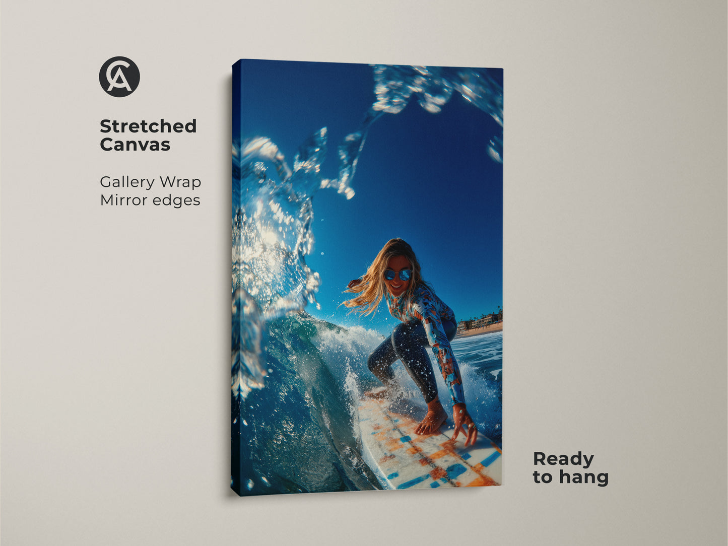 Stretched canvas artwork featuring a surfer girl riding a wave. The gallery wrap has mirror edges. This stretched canvas art is ready to hang. The surfer is wearing sunglasses and a swimsuit.