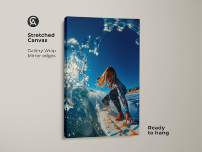 Stretched canvas artwork featuring a surfer girl riding a wave. The gallery wrap has mirror edges. This stretched canvas art is ready to hang. The surfer is wearing sunglasses and a swimsuit.