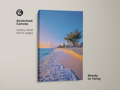 Stretched Canvas Sky Blue Aqua Beach artwork shows tropical palm trees and ocean landscape. Gallery wrap with mirror edges adds depth. Ready to hang coastal home decor wall art for a tropical getaway. Ideal as a housewarming gift or beach lover present.