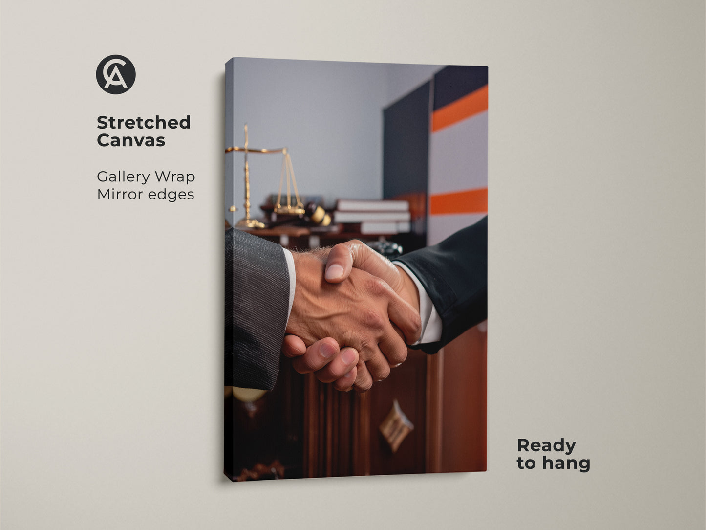 A stretched canvas featuring handshake artwork perfect as a lawyer gift. The gallery wrapped canvas showcases scales of justice with mirror edges. Ready to hang this contemporary office art symbolizes a business agreement. Ideal for legal offices this dark brown and grey art promotes partnership and trust. Elevate your professional space with this sophisticated office decor.