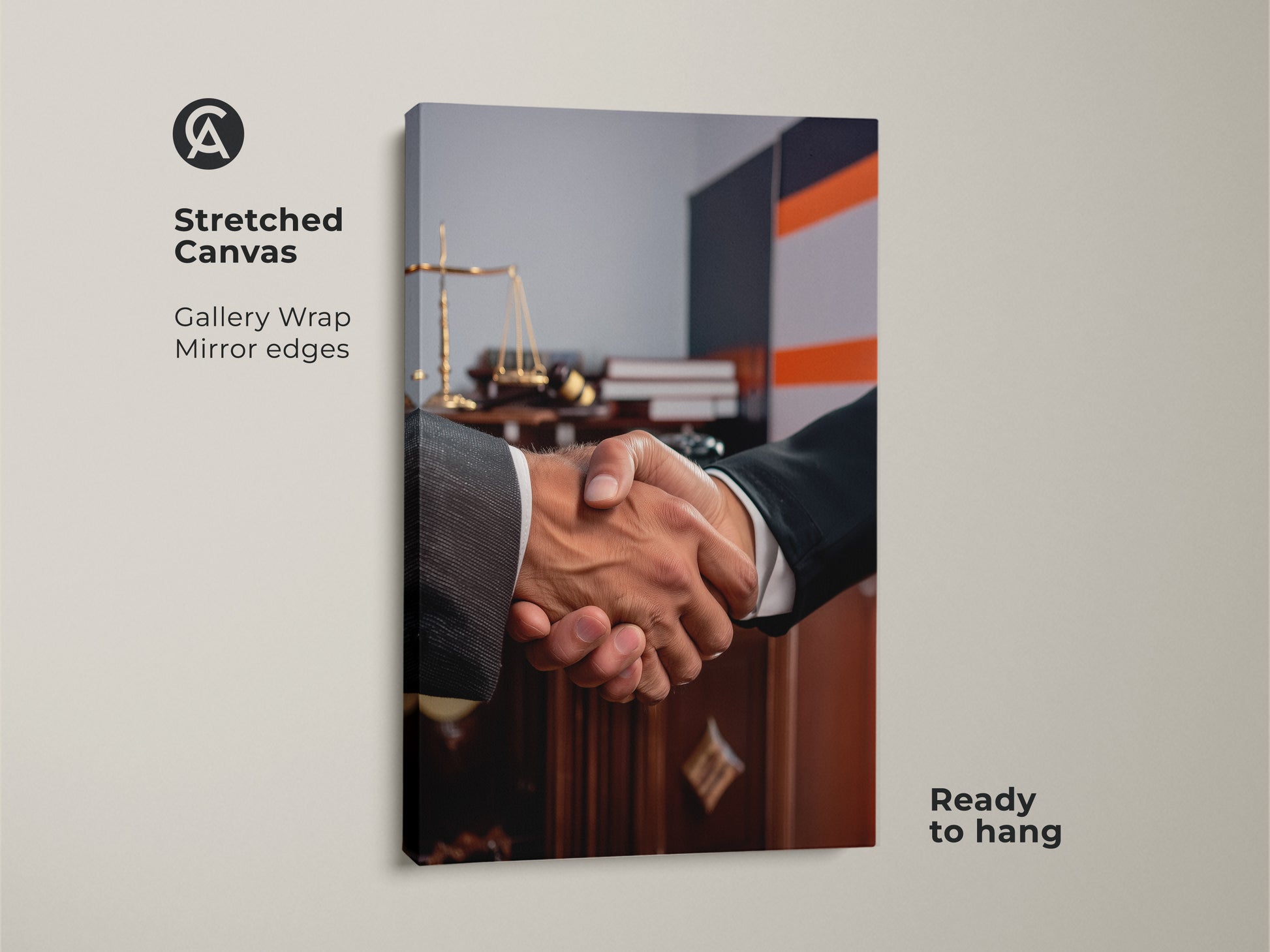 A stretched canvas featuring handshake artwork perfect as a lawyer gift. The gallery wrapped canvas showcases scales of justice with mirror edges. Ready to hang this contemporary office art symbolizes a business agreement. Ideal for legal offices this dark brown and grey art promotes partnership and trust. Elevate your professional space with this sophisticated office decor.