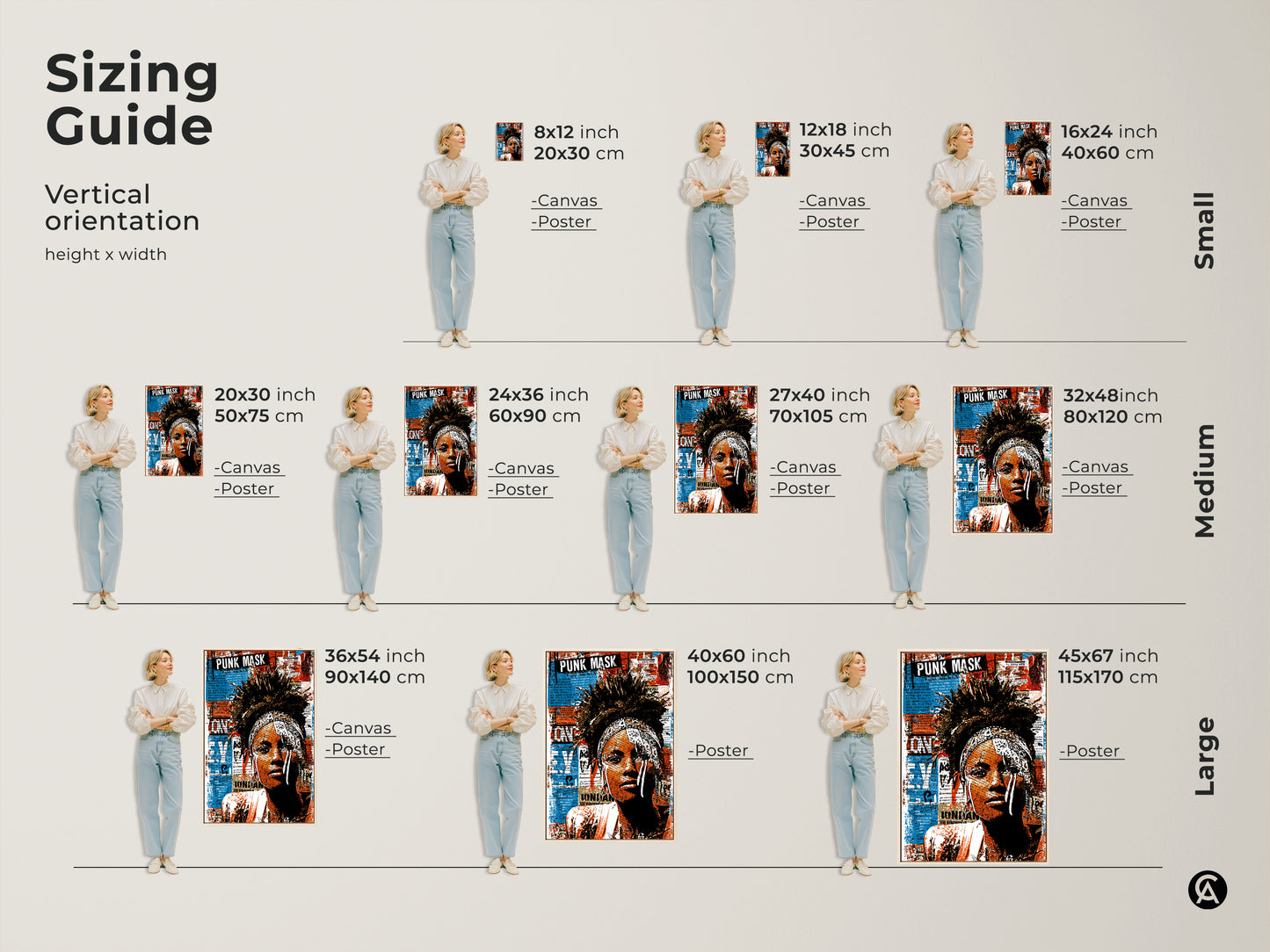 Sizing guide for vertical orientation of the Punk Mask woman portrait art. Available as canvas or poster in small medium and large sizes. Find the perfect fit for your space. Choose from various dimensions to suit your wall decor needs. This art print is ideal for music lovers and alternative style enthusiasts.
