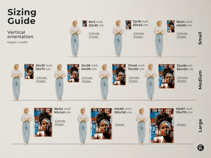 Sizing guide for vertical orientation of the Punk Mask woman portrait art. Available as canvas or poster in small medium and large sizes. Find the perfect fit for your space. Choose from various dimensions to suit your wall decor needs. This art print is ideal for music lovers and alternative style enthusiasts.