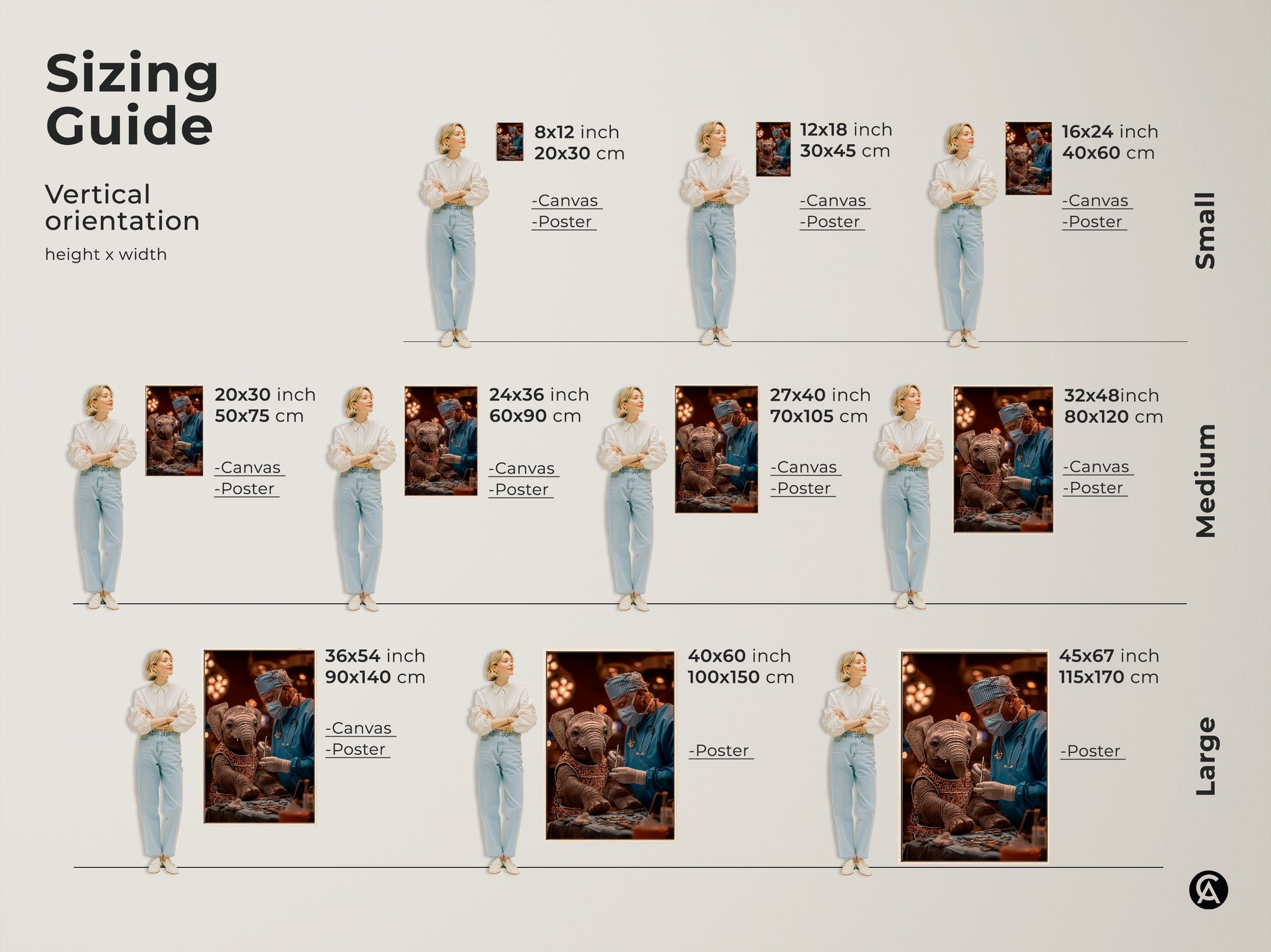 Sizing Guide for the Elephant Surgeon art. Vertical orientation heights show art in small medium and large sizes. Canvas and poster options are available for each size. The artwork is ideal for veterinary offices eclectic homes and makes a thoughtful gift for medical professionals. Find the perfect fit for any space.