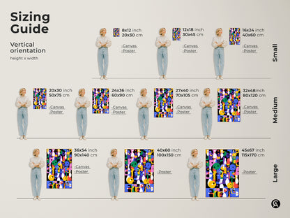 Sizing Guide for Vertical Geometric Abstract Artwork. Available as canvas or poster prints. Retro bowling art in mid-century modern style. Various sizes for colorful eclectic decor. Find the perfect fit for your space.