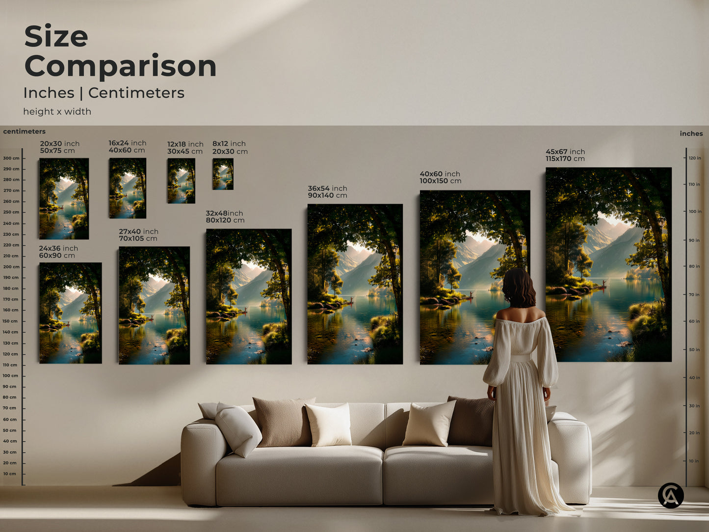 Compare sizes of a serene lake landscape artwork in inches and centimeters. See how the artwork looks in various dimensions above a couch. Perfect for visualizing scale and placement.