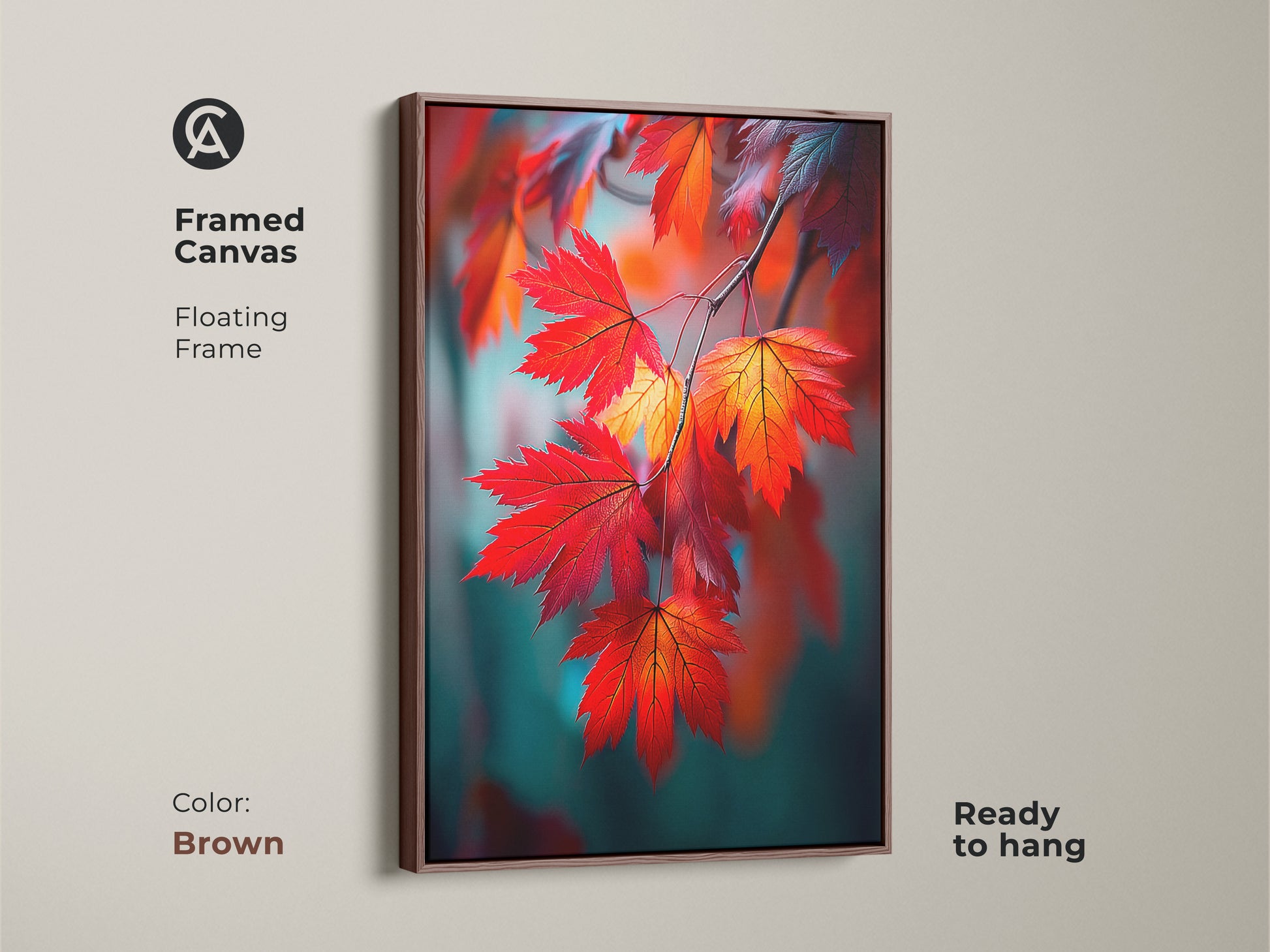 Framed canvas maple leaf artwork with a brown floating frame. The artwork is ready to hang. This botanical art print showcases vibrant fall colors. A warm and inviting piece of wall decor.