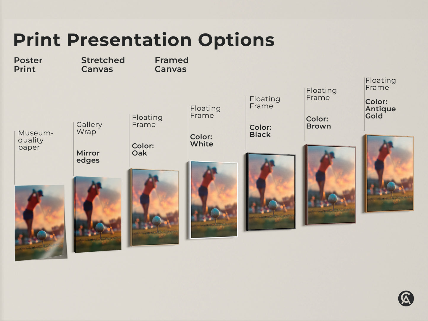 Explore print presentation options for golf art. Choose from poster prints or stretched canvases. Select a framed canvas with various floating frame colors. Find the perfect golf art for your space. Options include black brown white and antique gold
