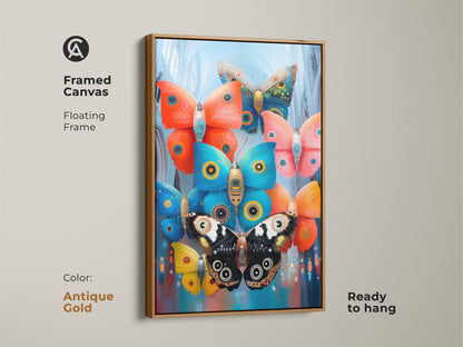 Framed canvas featuring surreal mechanical butterflies with a floating frame. Its ornate wings and teal orange blue hues offer eclectic home decor. This insect artwork is ready to hang with an antique gold frame.