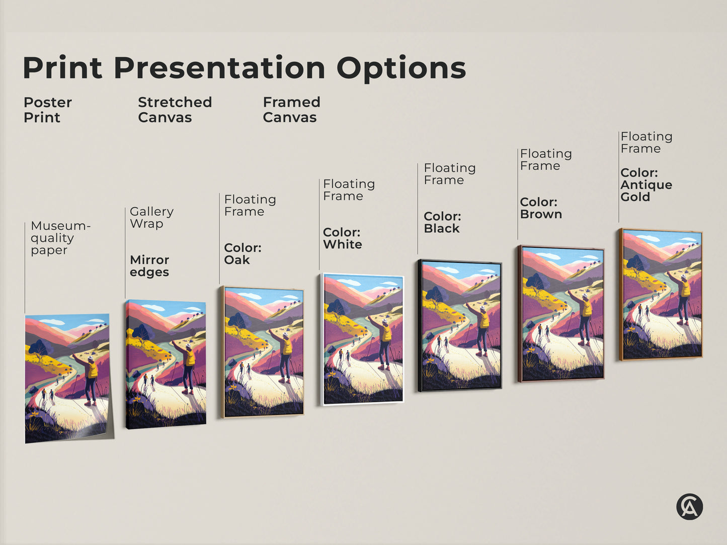 Explore print presentation options with this museum-quality paper poster. Stretched canvas with gallery wrap and mirror edges. Framed canvas with floating frame in black white oak brown and antique gold. Discover the perfect style for your mountain landscape artwork.