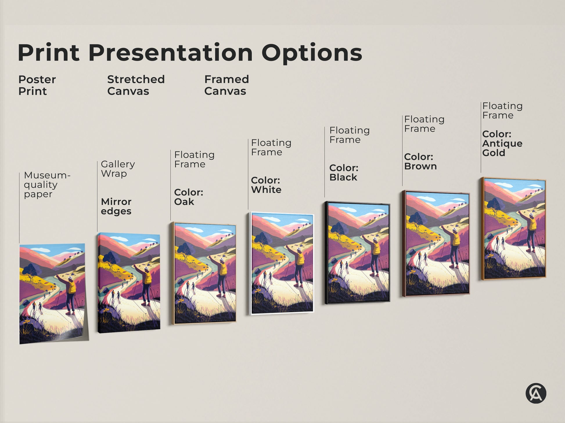 Explore print presentation options with this museum-quality paper poster. Stretched canvas with gallery wrap and mirror edges. Framed canvas with floating frame in black white oak brown and antique gold. Discover the perfect style for your mountain landscape artwork.