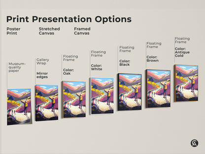 Explore print presentation options with this museum-quality paper poster. Stretched canvas with gallery wrap and mirror edges. Framed canvas with floating frame in black white oak brown and antique gold. Discover the perfect style for your mountain landscape artwork.
