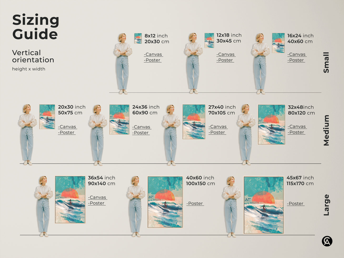 Sizing guide for vertical surfer artwork. Available in various sizes for canvas and poster prints. Find the perfect fit for your space. This art adds a coastal vibe to any room. Choose from small medium and large sizes.