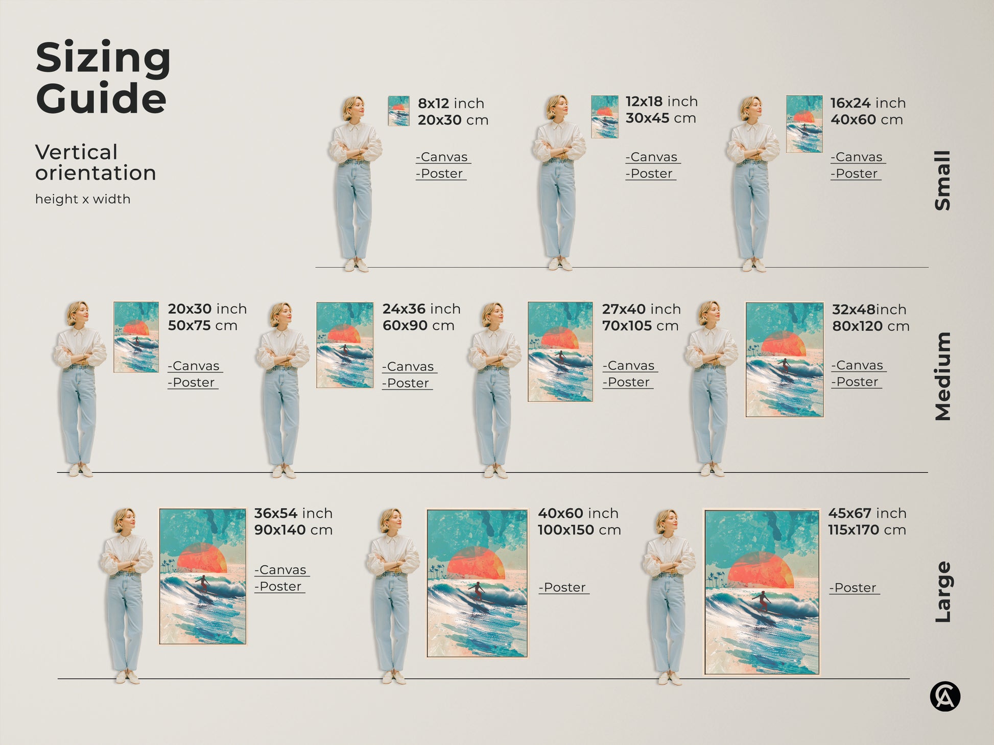 Sizing guide for vertical surfer artwork. Available in various sizes for canvas and poster prints. Find the perfect fit for your space. This art adds a coastal vibe to any room. Choose from small medium and large sizes.