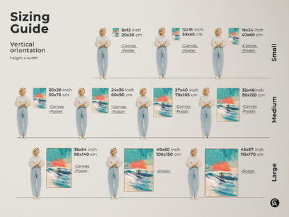 Sizing guide for vertical surfer artwork. Available in various sizes for canvas and poster prints. Find the perfect fit for your space. This art adds a coastal vibe to any room. Choose from small medium and large sizes.