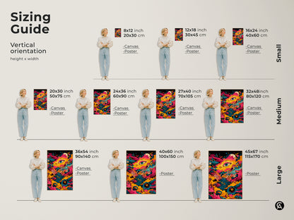 Sizing guide for psychedelic canvas and poster prints. Vertical orientation options include small medium and large. Find the perfect fit for your space. Each size showcases the vibrant and surreal artwork. This guide helps you visualize how the art will look in your home.