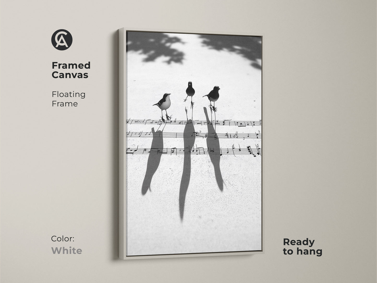 White framed canvas featuring a minimalist birds on music notes art print. The floating frame contemporary artwork is ready to hang. A unique gift for music enthusiasts.