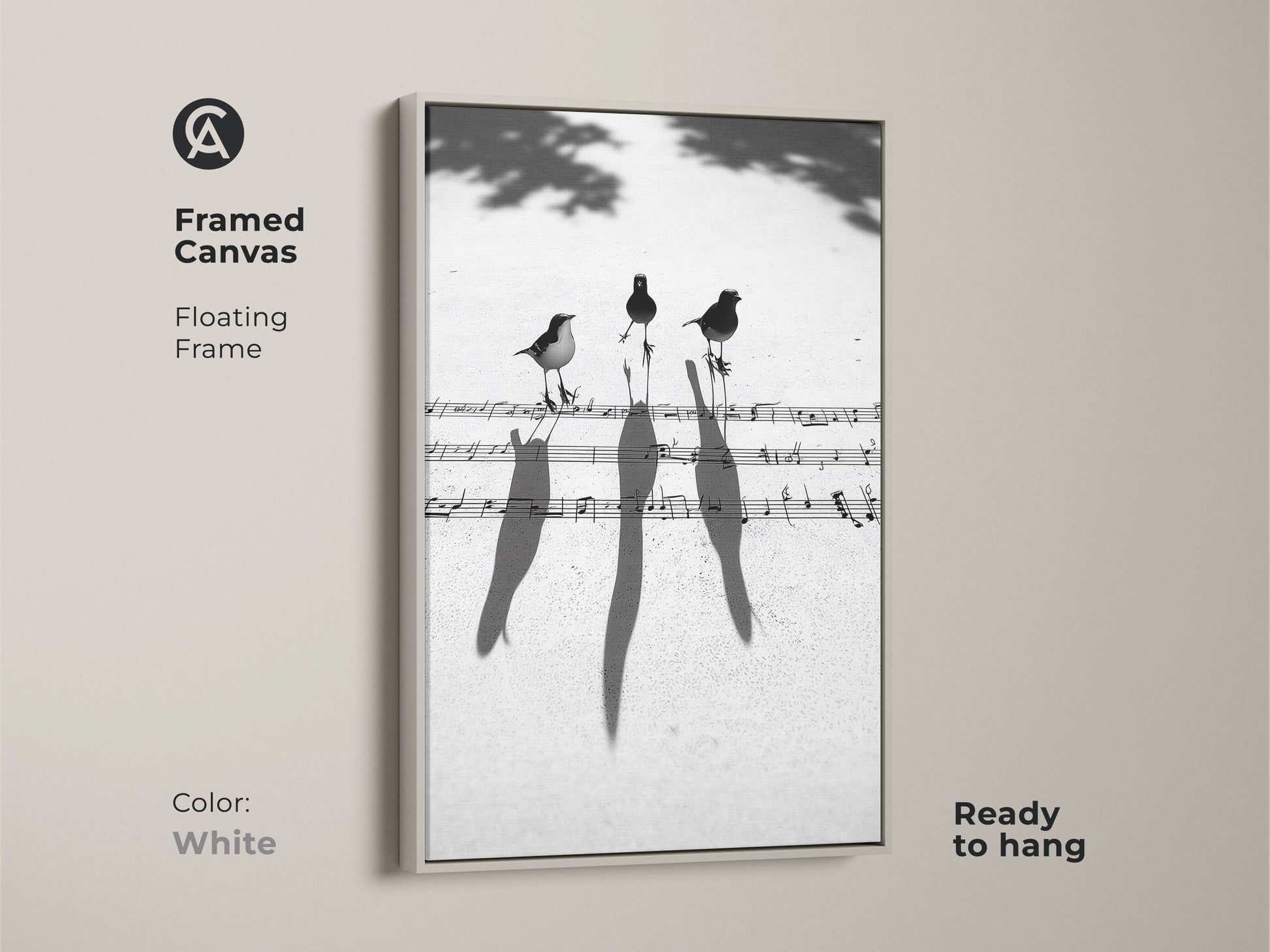 White framed canvas featuring a minimalist birds on music notes art print. The floating frame contemporary artwork is ready to hang. A unique gift for music enthusiasts.