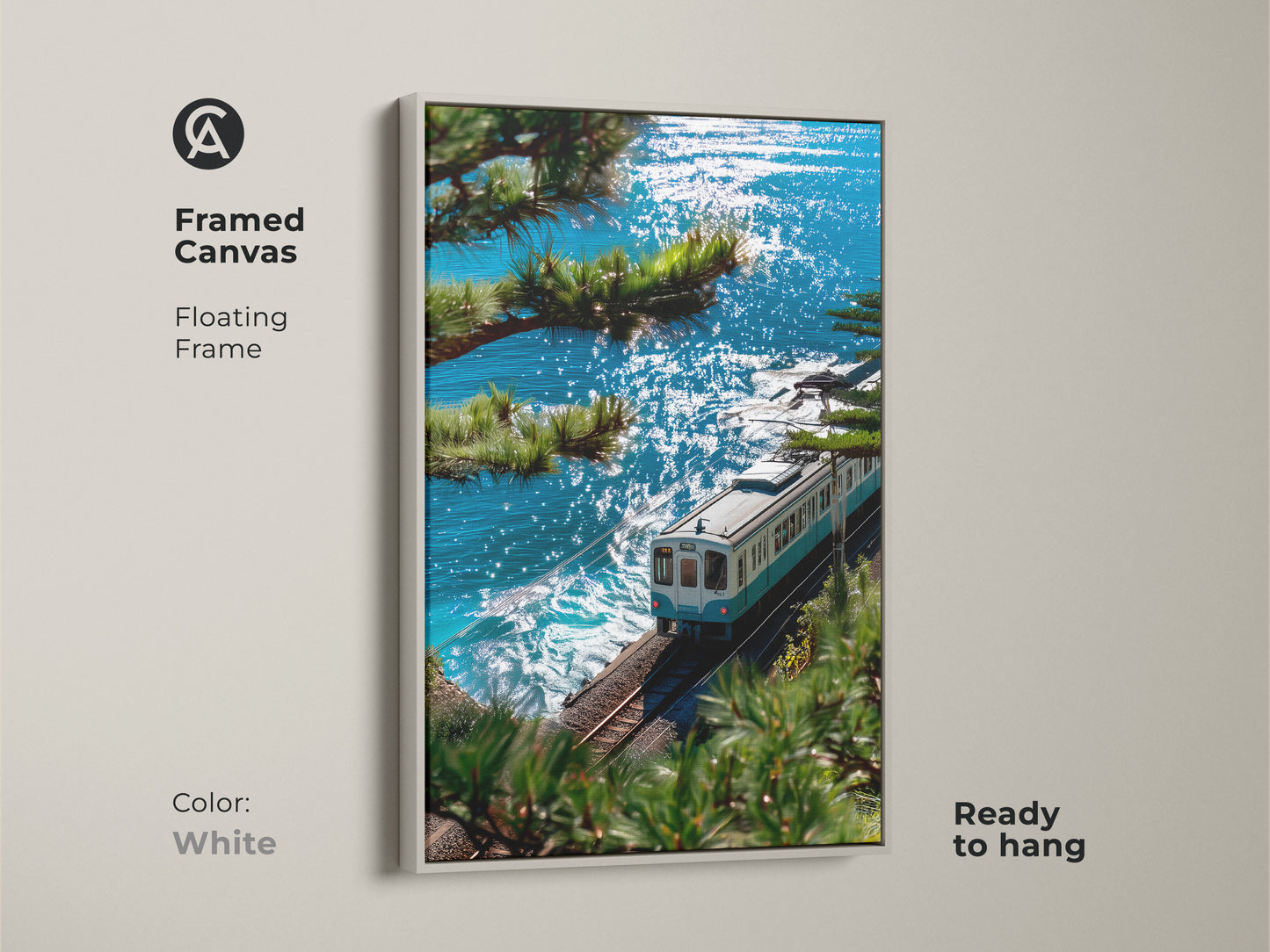 White framed canvas art print featuring a blue and white train along a sparkling blue coast. This floating frame is ready to hang. A scenic train ride captured in museum-quality art.
