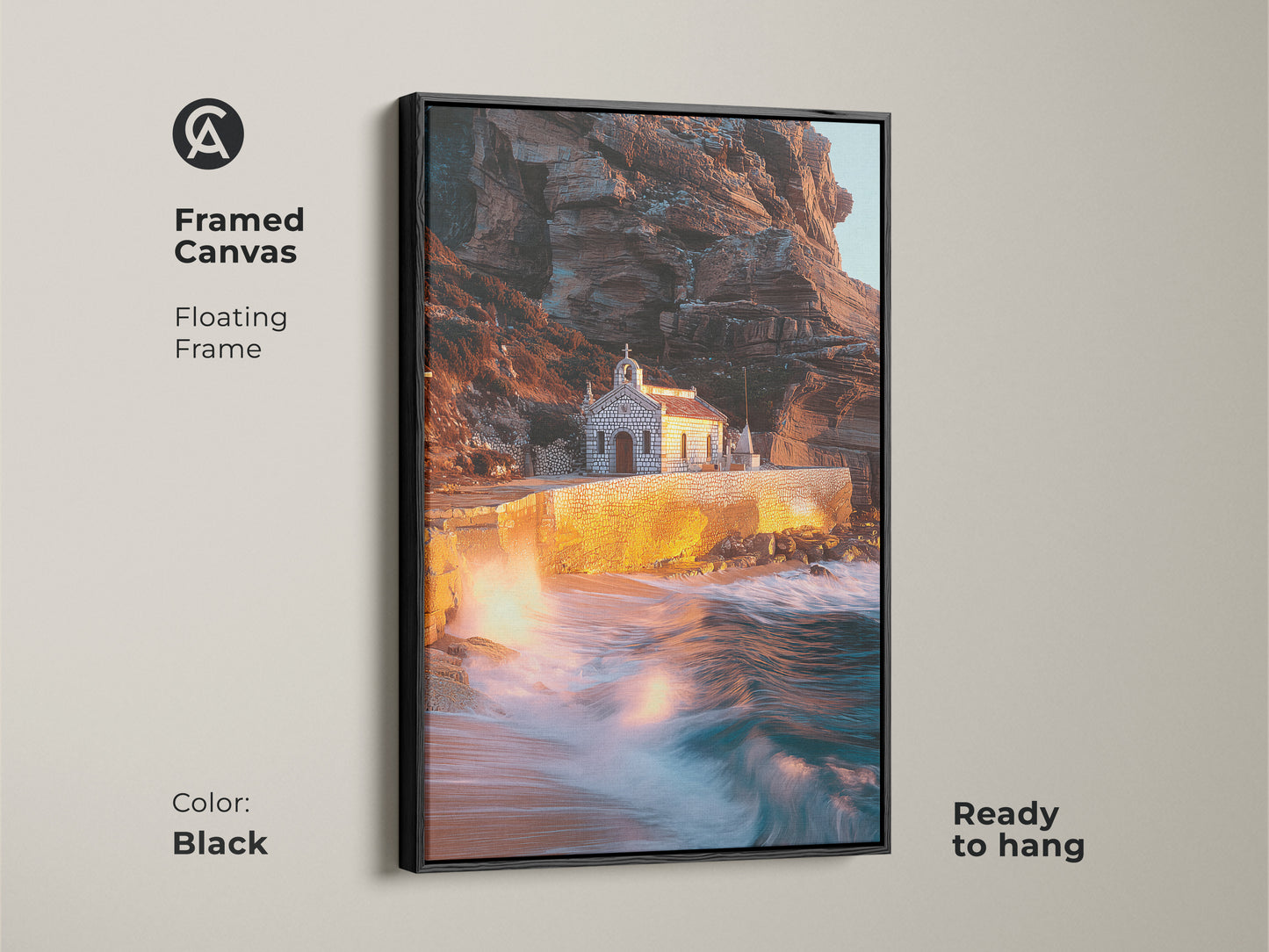 Black framed canvas features coastal chapel art. The floating frame enhances the warm earth tones and teal accents. Ready to hang ocean view artwork captures dramatic wave prints. Perfect housewarming gift art or entry hall wall decor with seaside architecture.