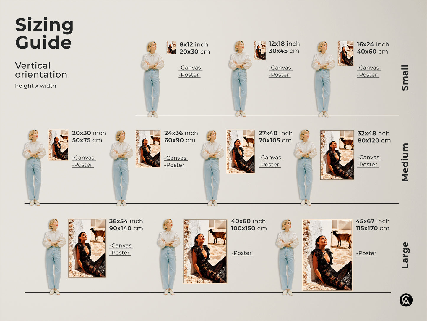 Sizing Guide for vertical orientation artwork. Featuring a woman in a black lace dress with a goat. Available in sizes from small to large. The print comes in canvas and poster options. This guide helps visualize how the artwork fits. It makes a perfect addition to eclectic wall art decor.