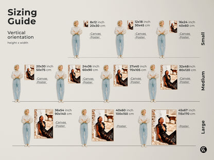 Sizing Guide for vertical orientation artwork. Featuring a woman in a black lace dress with a goat. Available in sizes from small to large. The print comes in canvas and poster options. This guide helps visualize how the artwork fits. It makes a perfect addition to eclectic wall art decor.