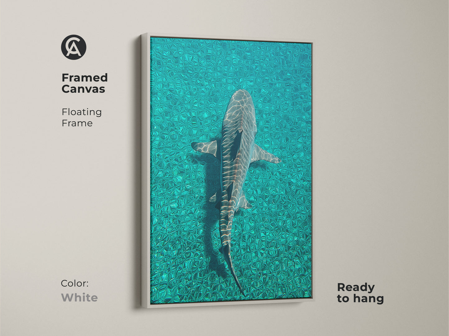 Framed canvas with a white floating frame showcasing a tiger shark in teal ocean water. This ready to hang artwork adds a coastal touch. The deep blue underwater scene enhances modern spaces. Perfect for a marine wildlife print.