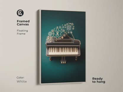 See the framed canvas presenting the Steampunk Grand Piano artwork with a white floating frame. The piece combines mechanical elements and music in emerald and gold. Ready to hang this print adds a unique artistic touch. Its a wonderful addition to any room and a great gift.