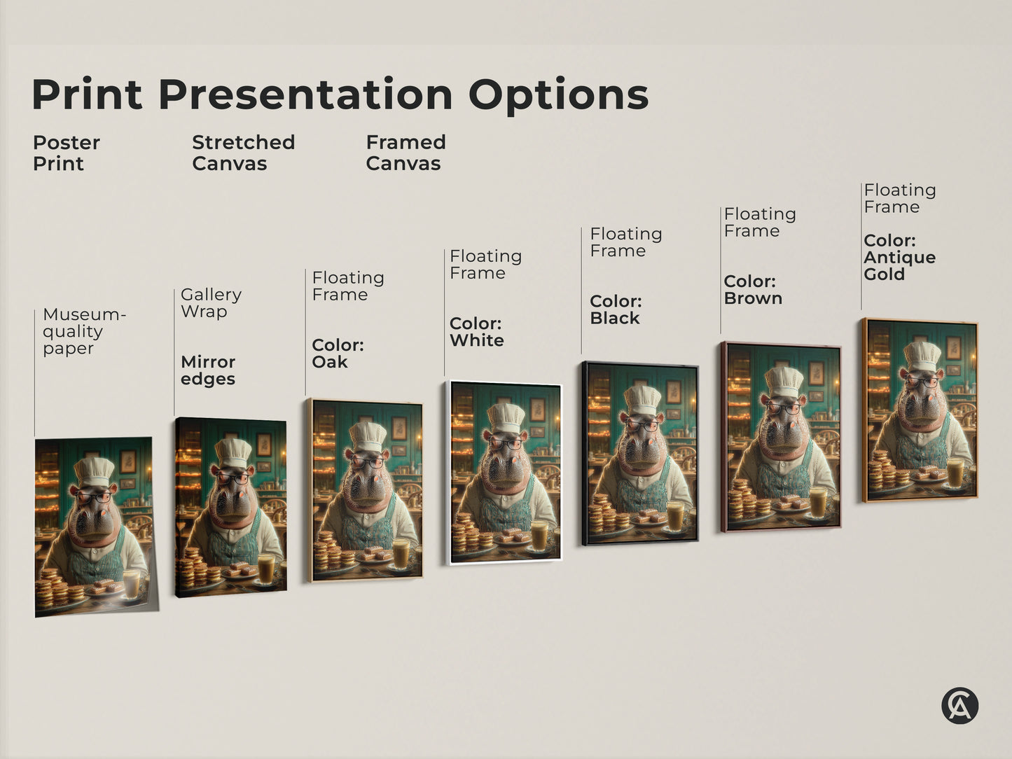 Explore print presentation options for the hippo chef artwork including poster prints stretched canvas and framed canvas. Each style enhances this funny animal kitchen decor. Find the perfect match for your cafe style wall art.