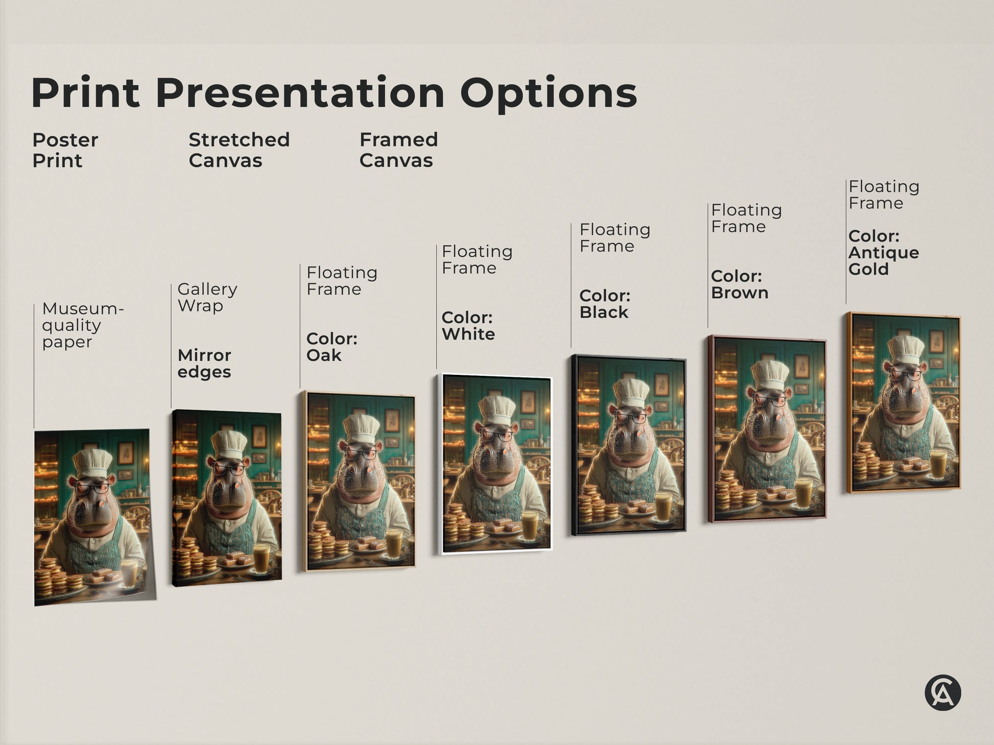 Explore print presentation options for the hippo chef artwork including poster prints stretched canvas and framed canvas. Each style enhances this funny animal kitchen decor. Find the perfect match for your cafe style wall art.