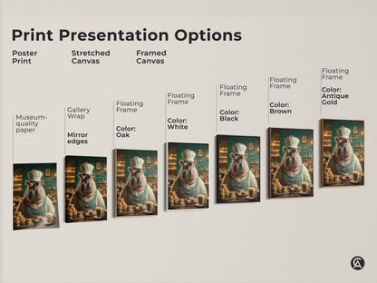 Explore print presentation options for the hippo chef artwork including poster prints stretched canvas and framed canvas. Each style enhances this funny animal kitchen decor. Find the perfect match for your cafe style wall art.