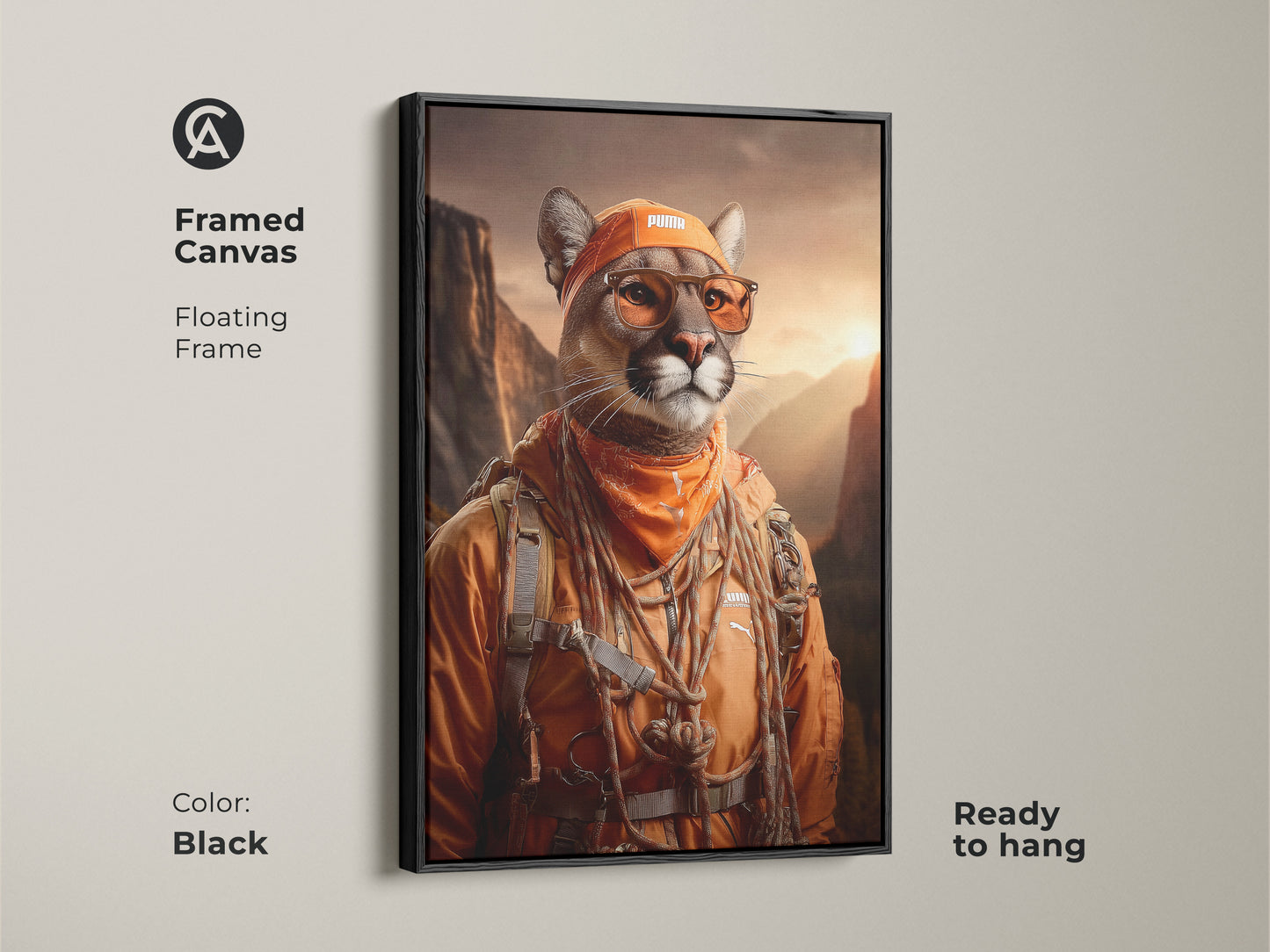 Black Framed Canvas Amber Mountain Cougar Art Print. The mountain landscape wall art is ready to hang. It’s a floating frame canvas art. Perfect for eclectic office decor. The anthropomorphic art is a unique wall hanging. This print will make a statement.