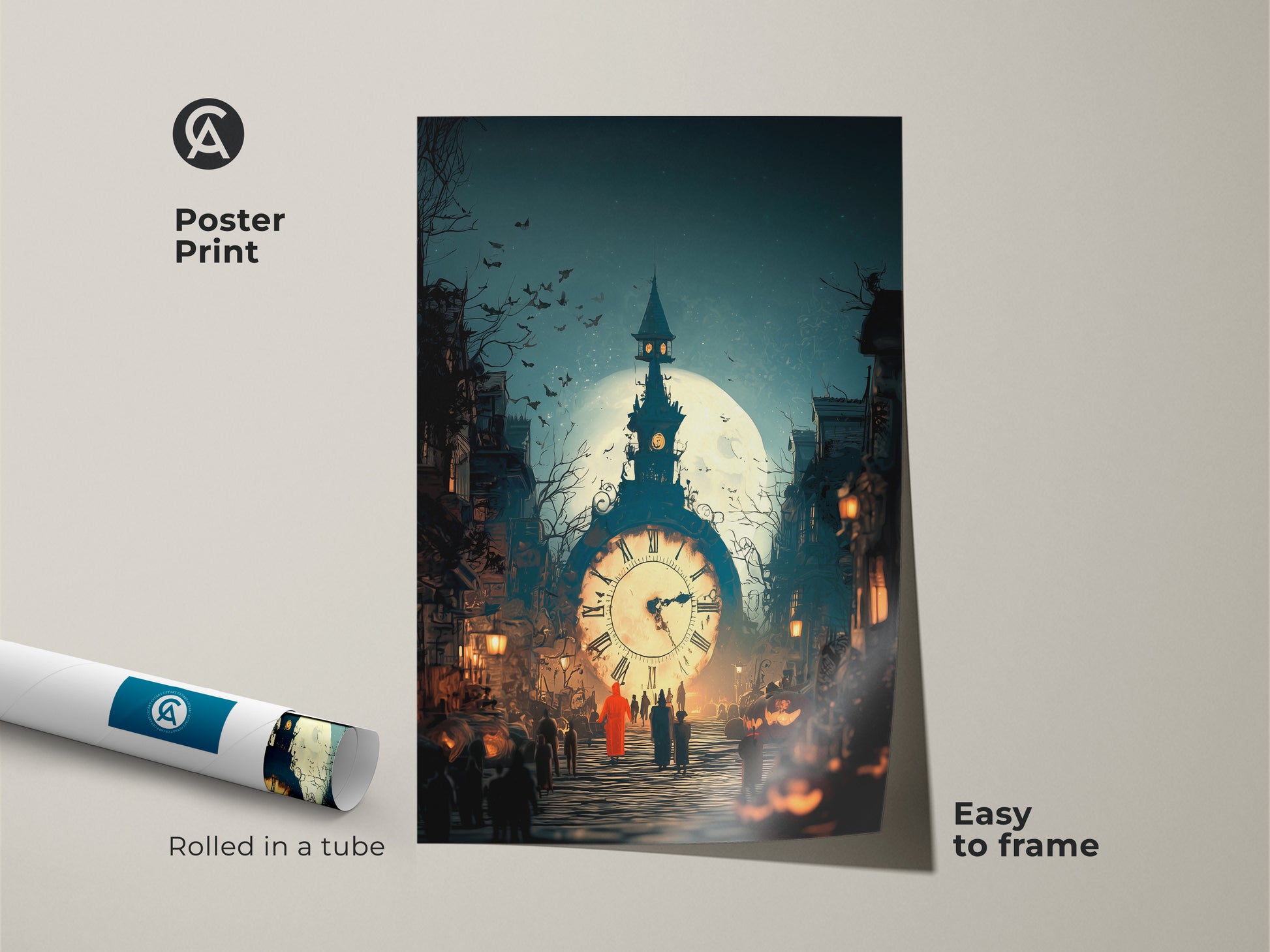 Poster print of Gothic Clock Tower. Rolled in a tube. This artwork shows a surrealism street scene with a haunted clock tower. It features a midnight moon art in dark blue orange wall art. Easy to frame. A unique gothic home gift.