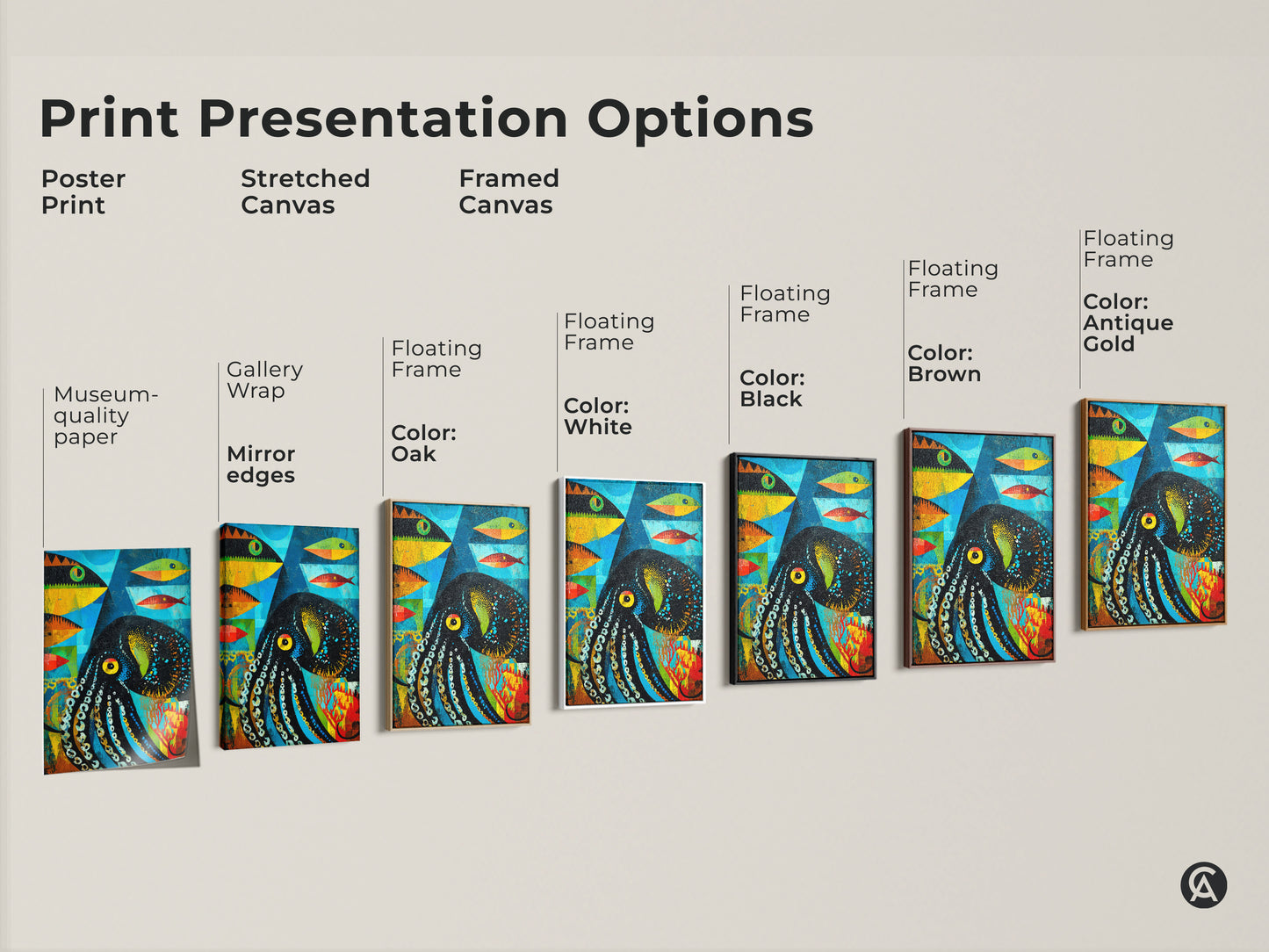 Explore print presentation options with this abstract octopus and fish artwork. Choose from poster prints to stretched or framed canvas. With floating frames in black brown antique gold oak or white. Find the perfect eclectic ocean theme for your space.
