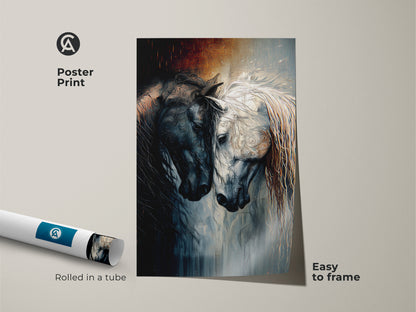 Poster Print of Abstract Indigo Horse Art. The black and white equine artwork comes rolled in a tube. Its easy to frame this fantasy animal print. A perfect gift for equestrian art enthusiasts.