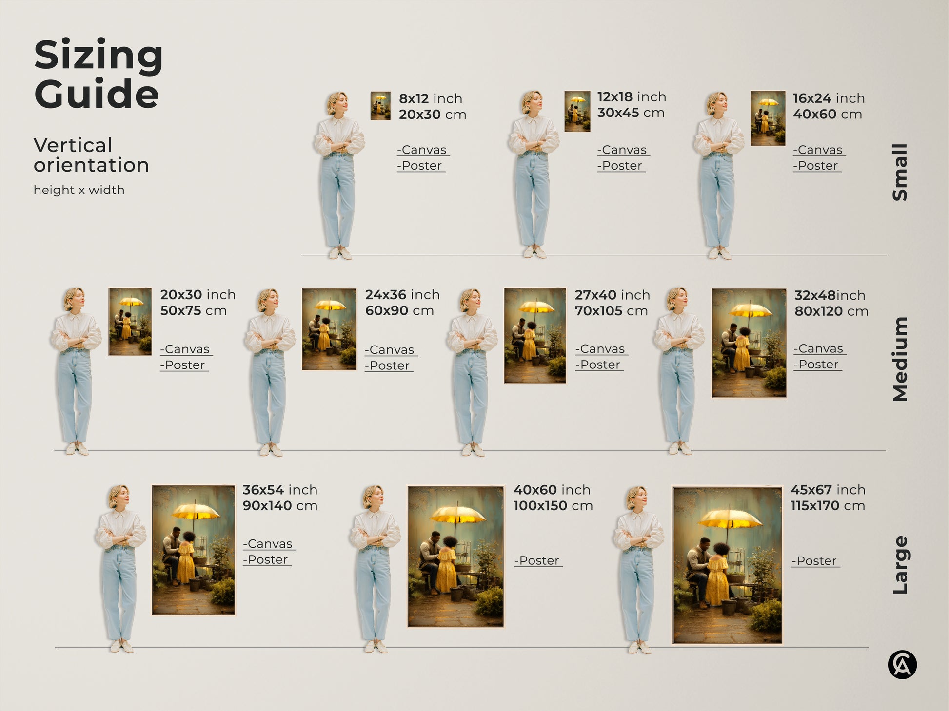 Sizing guide for romantic couple gardening art under a yellow umbrella. Sizes range from small medium and large. Each option features a boho style art a brown green nature scene. This makes a unique anniversary gift for couples. Textured wall decor brings a personal touch to any residential space.